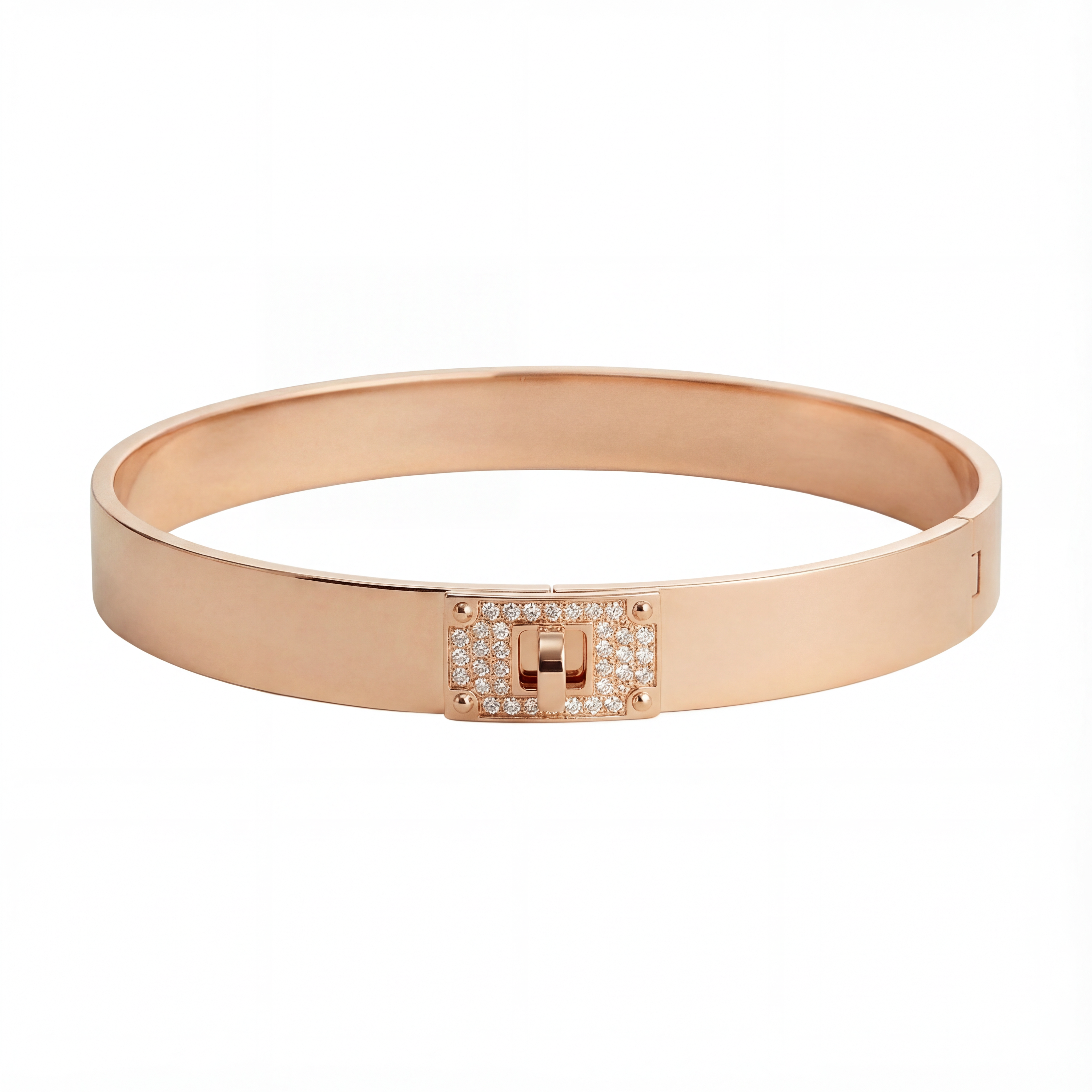 Rose gold bangle with pave diamond turn-lock clasp